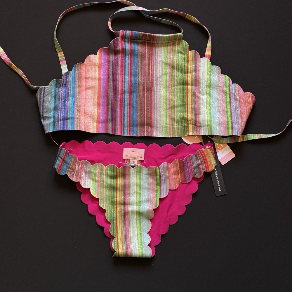 PilyQ Girls 16 Retro Stripe Seamless Scallop High Neck Bikini Reversible NWT